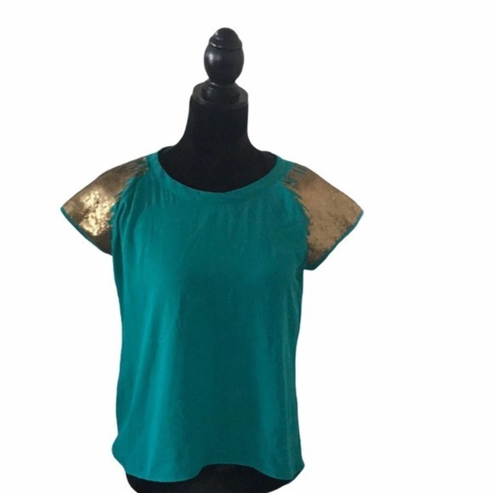 Fun & Flirt Teal And Gold Sequin Open Back Blouse